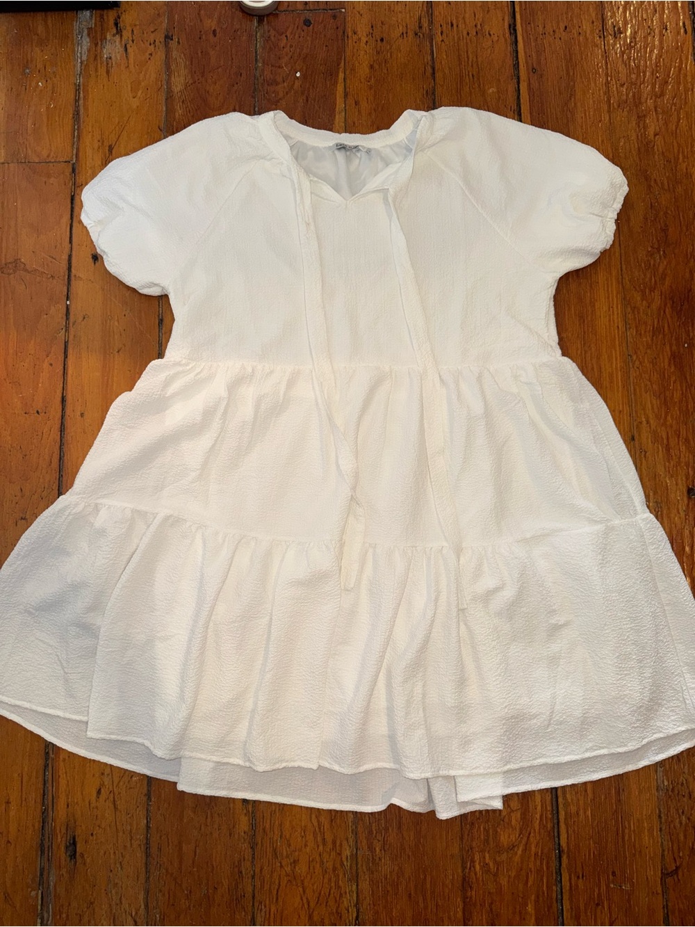 Leia n Co White Textured Tiered Babydoll Mini Dress Puff Sleeve